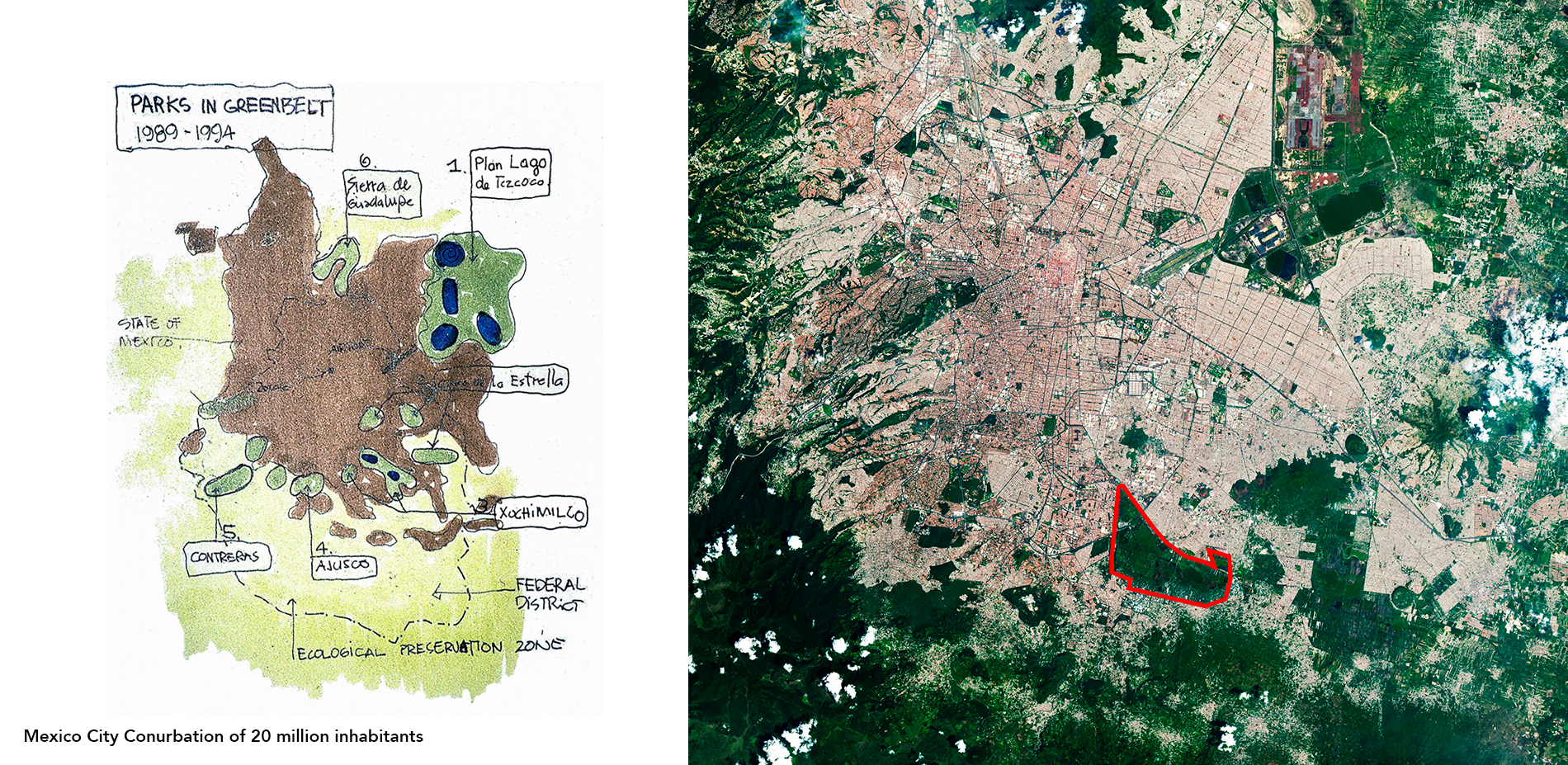 Map showing the Axolotl habitat relative to Mexico City's urban sprawl