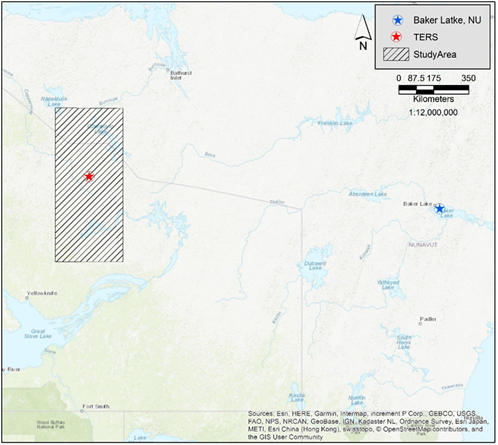 Map of study area showing 40,000 km² region adjacent to TERS and Baker Lake, NU